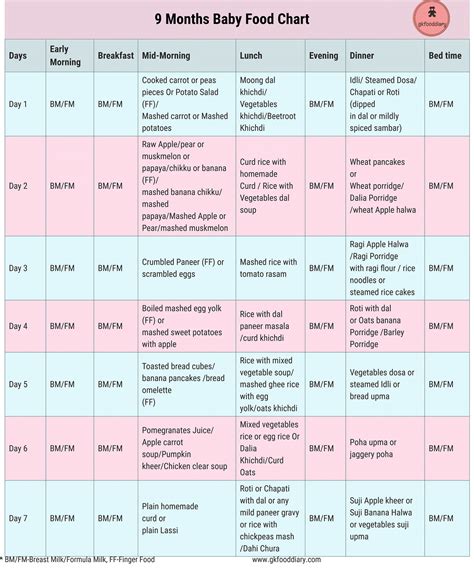 9 Months Baby Food Chart | 9 Month Baby Food Recipes