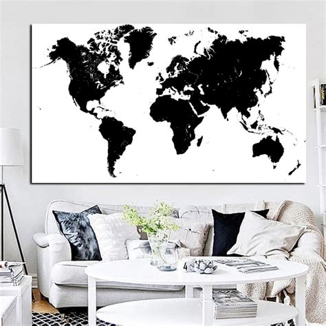 Black and White World Map Printed on Canvas • CanvasPaintArt