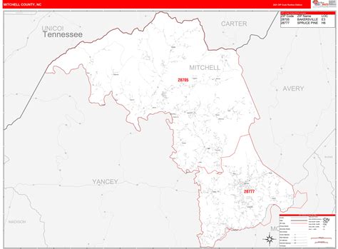 Mitchell County, NC Zip Code Wall Map Red Line Style by MarketMAPS - MapSales