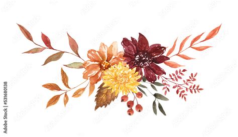 Fall floral bouquet. Watercolor hand-painted autumn flowers and tree leaves arrangement ...