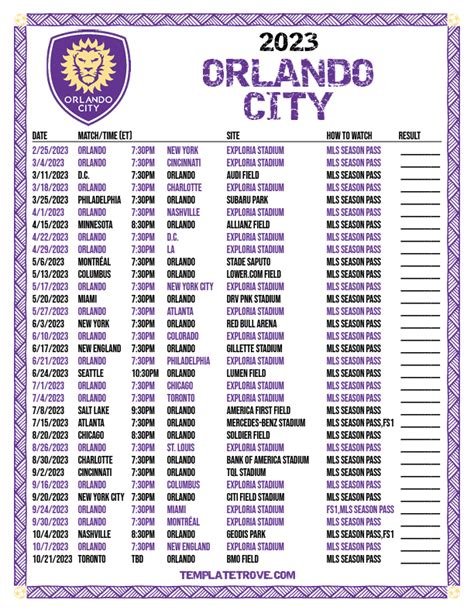 Printable2023 Orlando City Soccer Schedule