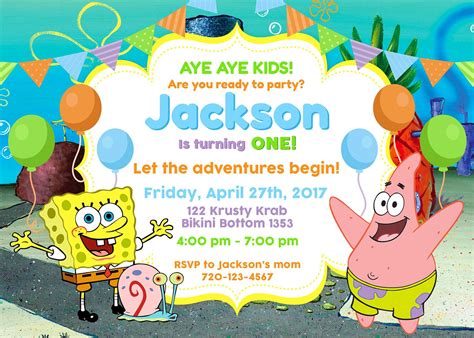 Spongebob Squarepants Party Invitation, Spongebob Squarepants Party Invite, Patrick Gary B ...