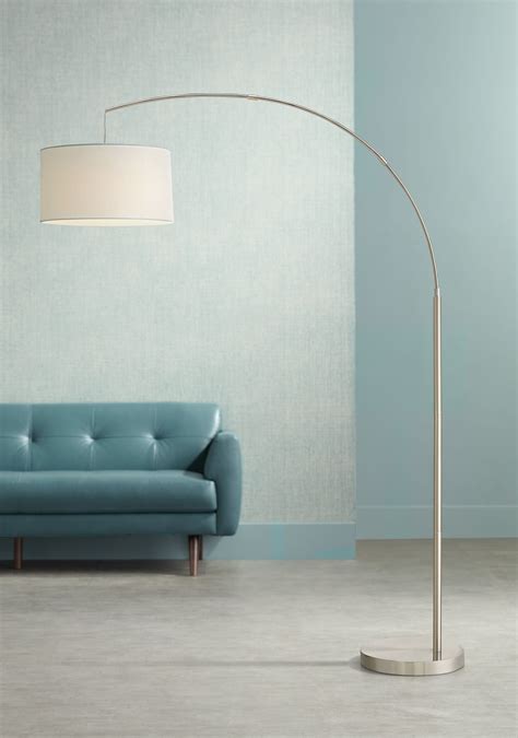 360 Lighting Modern Arc Floor Lamp 72" Tall Brushed Steel Off White Linen Drum Shade for Living ...