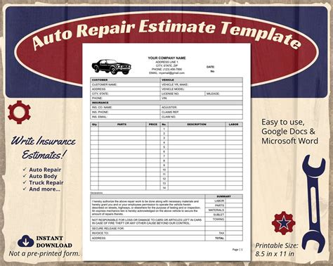 This Auto Repair template can be used as an ESTIMATE, INVOICE, or SUPPLEMENT Request for ...