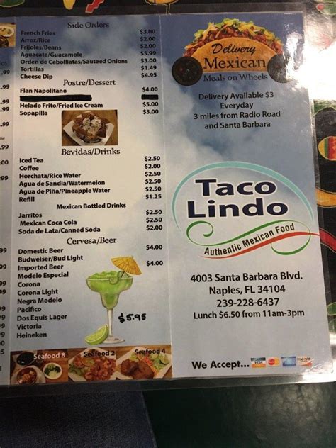 Menu at Taco Lindo restaurant, Naples, Santa Barbara Blvd