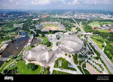 Aerial view of the Olympic park from the The Olympic Tower in Munich ...