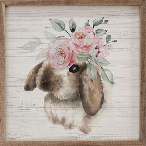 White And Brown Bunny With Flowers White Wall Art | Antique Farmhouse