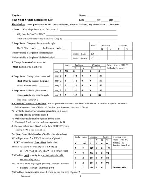 Physics Name Phet Solar System Simulation Lab Date ______ per