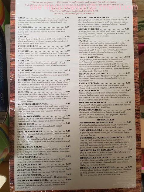 Menu at Rancho Viejo Mexican restaurant, Grove