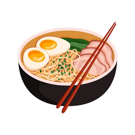 Cartoon bowl of ramen noodles with pork and egg. Asian cuisine ...