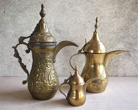 Set of Three Vintage Brass Dallah Arabic Coffee Pots, Islamic Middle Eastern Teapots Collection ...