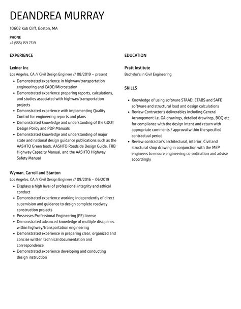 Civil Design Engineer Resume Samples | Velvet Jobs