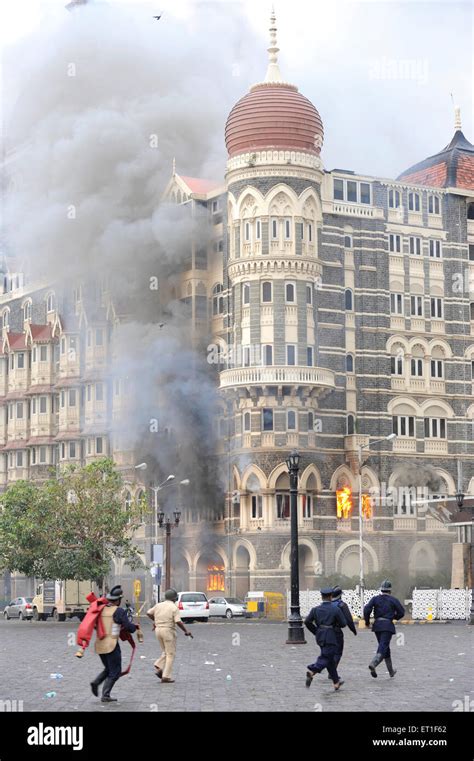 Fire inside the Taj Mahal hotel after terrorist attack by Deccan Mujahideen on 26th November ...