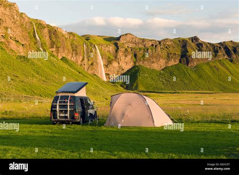 Camping at Seljalandsfoss waterfall, southern Iceland, Europe Stock ...