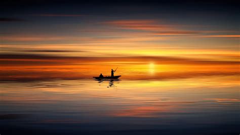 Wallpaper Sunset, sea, boat, silhouette 2560x1440 QHD Picture, Image