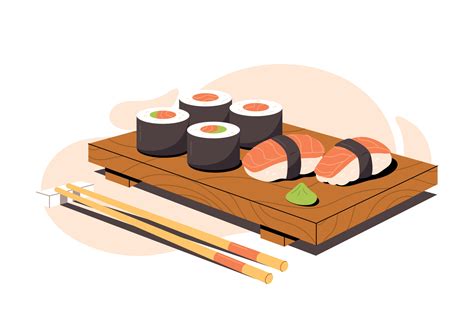 Vector illustration of sushi and sashimi. Asian food sushi on wooden ...