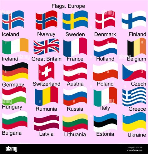 Flags of european countries. Switzerland, Sweden, Denmark, France ...