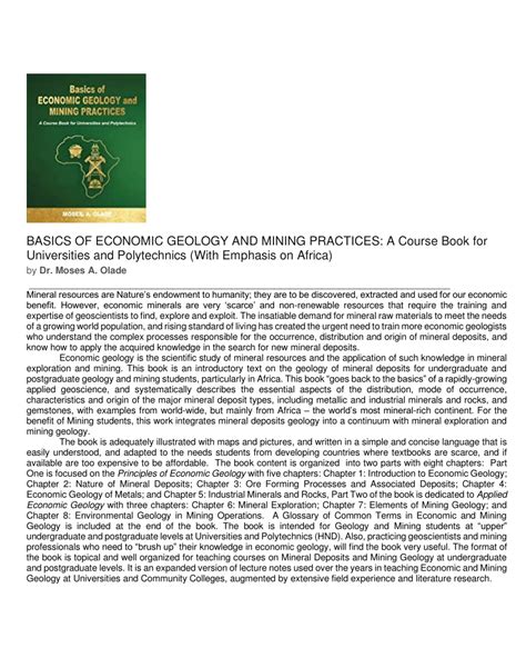 (PDF) BASICS OF ECONOMIC GEOLOGY AND MINING PRACTICES: A Course Book for Universities and ...