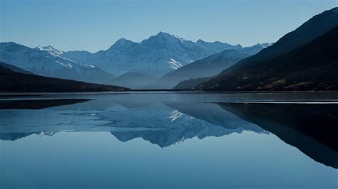 Mountain Peak Landscape Clear Blue Sky Lake Winter 4k Wallpaper 4K