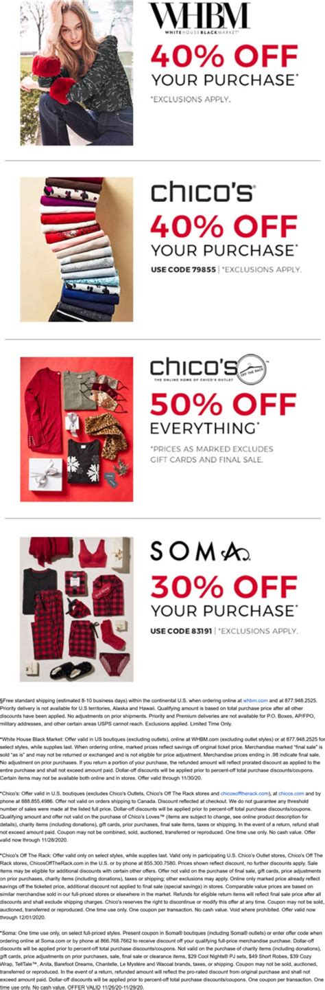 30% off Soma via promo 83191, 40% off at WHBM & Chicos via 79855, 50% ...