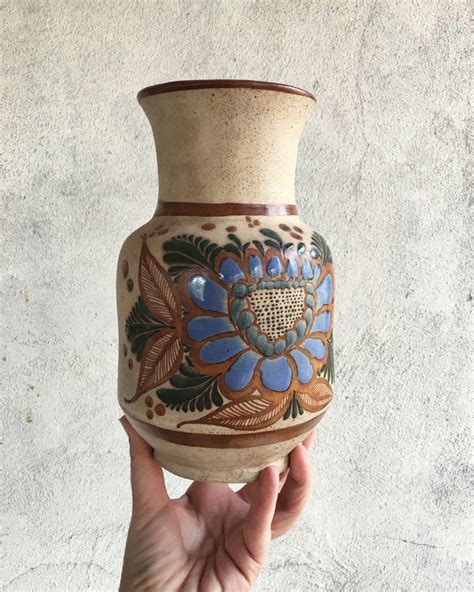 Vintage Tonalá pottery vase blue floral design, Tonalá stoneware pottery, Mexican folk art vase ...