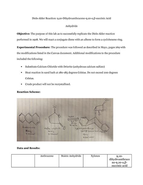 Lab Diels Alder - Diels-Alder Reaction: 9,10-Dihydroanthracene-9,10-α,β-succinic Acid Anhydride ...