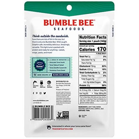 BUMBLE BEE Premium Light Tuna In Water Pouches, Tuna Fish ...