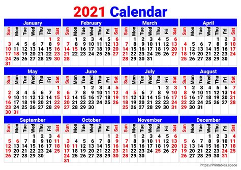 Free Printable 2021 Clendar with Big Numbers - Free Printables