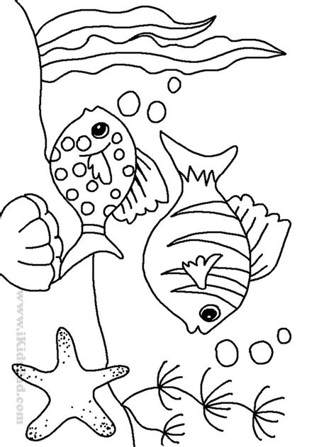 a coloring page with an image of a fish and starfish on the ocean floor