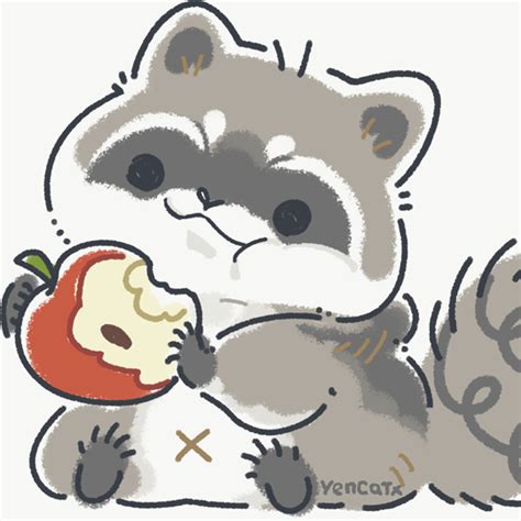 a drawing of a raccoon eating an apple