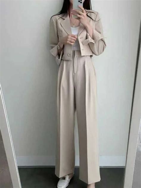 Insozkdg Korean Casual Women Suits Blazer Jacket OL Wide Leg High Waist Pants Suits Female Two ...