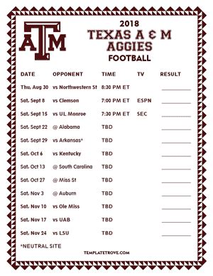 Printable 2018 Texas A & M Aggies Football Schedule