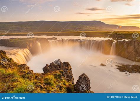 Beautiful Colorful Sunset Over Big Waterfall, Godafoss Iceland Stock Photo - Image of river ...