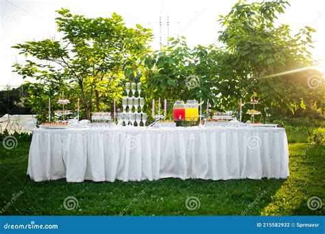 Outdoor Festive Banquet Table Set with Appetizers Stock Photo - Image of event, outdoor: 215582932