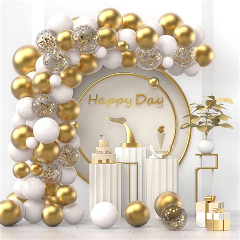 White Gold Balloons Garland Kit, 120Pcs 12In 10In 5In White and Gold Balloons Gold Confetti ...