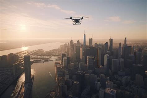 Premium AI Image | Aerial shot of city with drone flying past ...