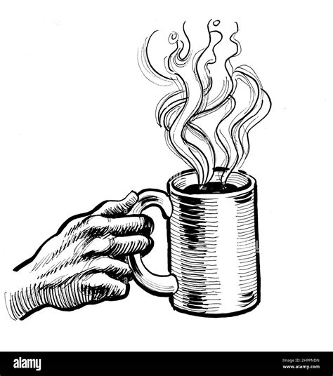 Hand holding a cup of coffee. Ink black and white drawing Stock Photo - Alamy