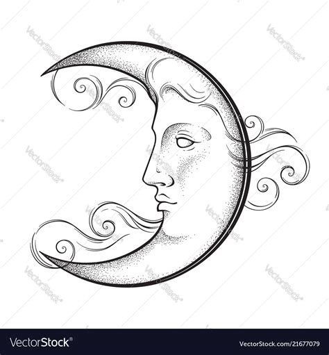 Crescent moon with face in antique style Vector Image