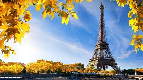 Paris Eiffel Tower And Trees With Yellow Leaves With Blue Sky And Clouds Background HD Travel ...