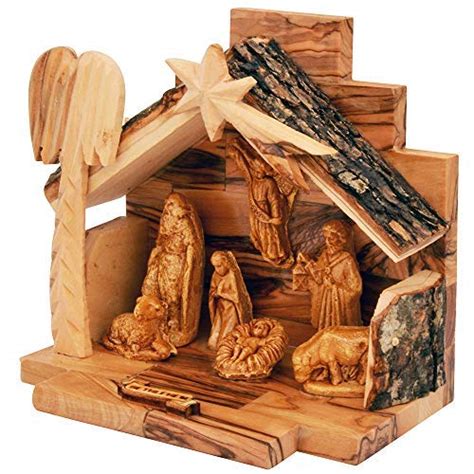 Buy Olive Wood Nativity Set with Figurines | The Jerusalem Gift Shop | Bark Roof Stable | Made ...