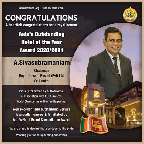 Royal Classic Resort Pvt Ltd has bagged Asia's Outstanding Hotel Award