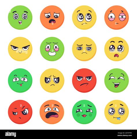 Las emociones de dibujos animados se enfrentan. Expresiones emoji con ...