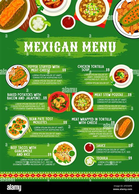 Mexican cuisine menu, food dishes and Mexico meals, vector traditional ...