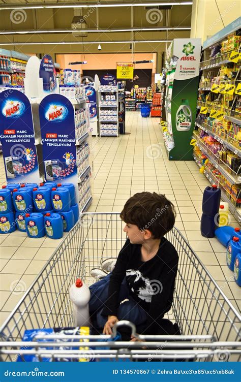 There`s a Kid in a Grocery Cart Editorial Photography - Image of ...