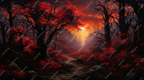 Premium Photo | Painting of a sunset in a forest with trees