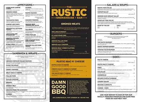 The Rustic Smokehouse menu in Fort Atkinson, Wisconsin