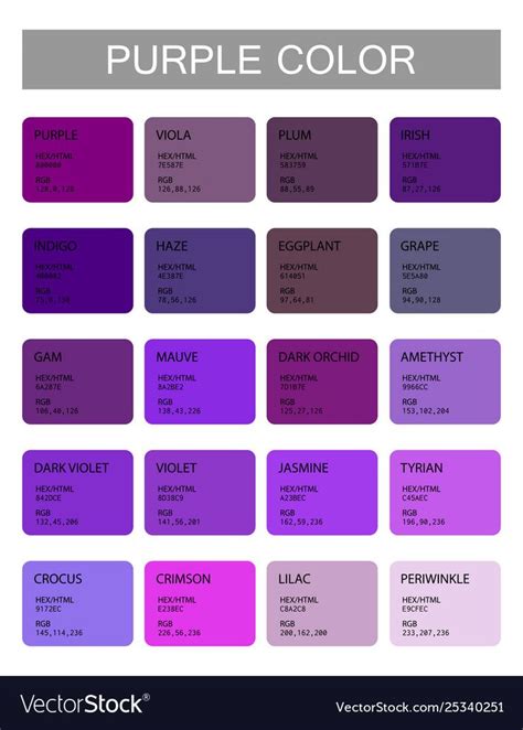 Purple. Color codes and names. Selection of colors for design, interior or illustration. Poster ...