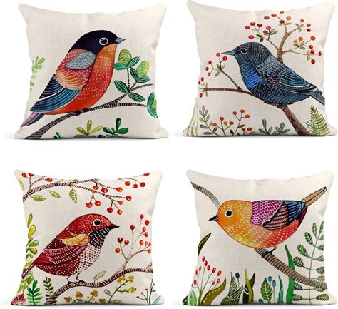 Emvency - Set Of 4 Linen Throw Pillow Covers 18x18 Inches Home Decorative Cushion Colorful ...