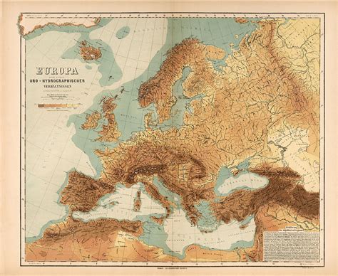 Europe - Geological Map showing Land and Water Resources - Historical Map - Antique Relief Map ...