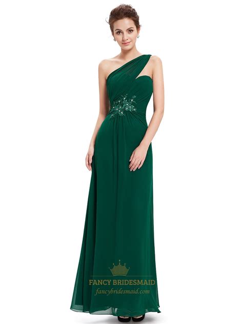 Emerald Green One Shoulder Chiffon Prom Dress With Floral Appliques ...